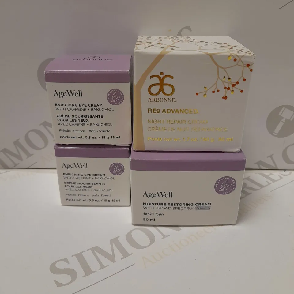 LOT OF 4 ASSORTED ARBONNE PRODUCTS TO INCLUDE NIGHT REPAIR CREAM, MOISTURE RESTORING CREAM, EYE CREAM 