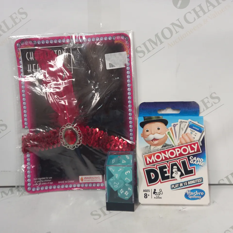 LOT OF APPROXIMATELY 15 ASSORTED TOYS AND GAMES TO INCLUDE MONOPOLY DEAL, SET OF POLYHEDRAL DICE, CHARLESTON HEADBAND, ETC