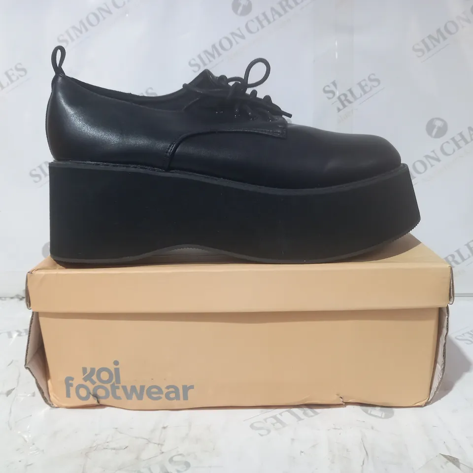BRAND NEW BOXED PAIR OF KOI VEGAN LEATHER DOJIN FLATFORM LACE UP SHOES IN BLACK UK SIZE 8