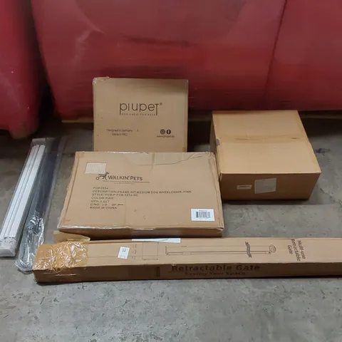PALLET OF ASSORTED ITEMS INCLUDING: DOG WHEELCHAIR, RETRACTABLE GATE,PRESSURE WASHER SURFACE CLEANER, BLINDS, UMBRELLA ECT