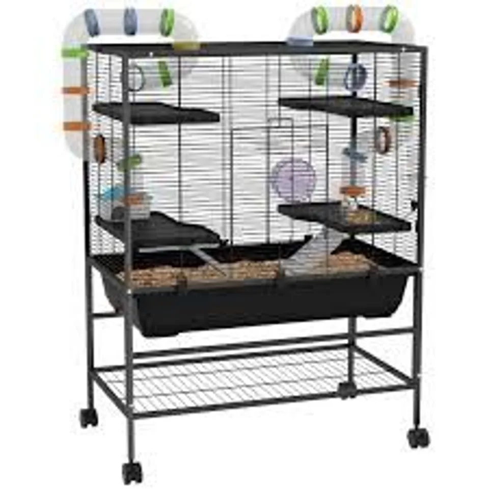 BOXED PAWHUT LARGE HAMSTER CAGE, GERBIL CAGE WITH TUBES, STORAGE SHELF, RAMPS, PLATFORMS, RUNNING WHEEL - BLACK