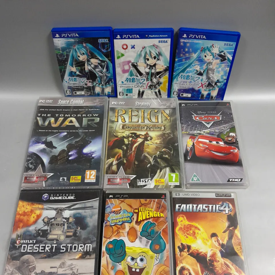 9 X ASSORTED VIDEO GAMES FOR VARIOUS CONSOLES TO INCLUDE CARS, SPONGEBOB SQUAREPANTS, REIGN ETC