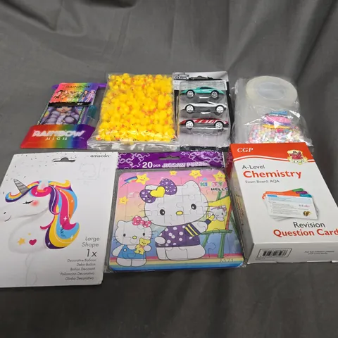 APPROXIMATELY 10 ASSORTED TOYS AND GAMES TO INCLUDE JIGSAW, UNICORN BALLOON AND CARDS