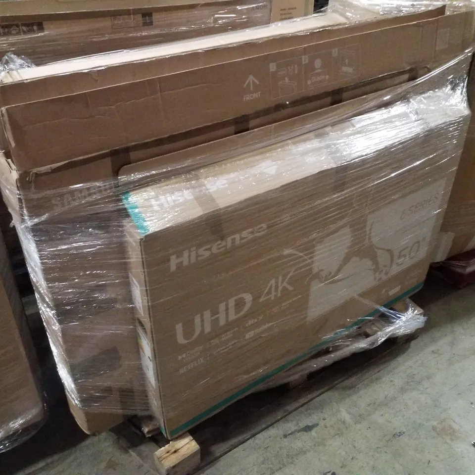 PALLET OF FIVE ASSORTED WAREHOUSE DAMAGED TV'S TO INCLUDE;