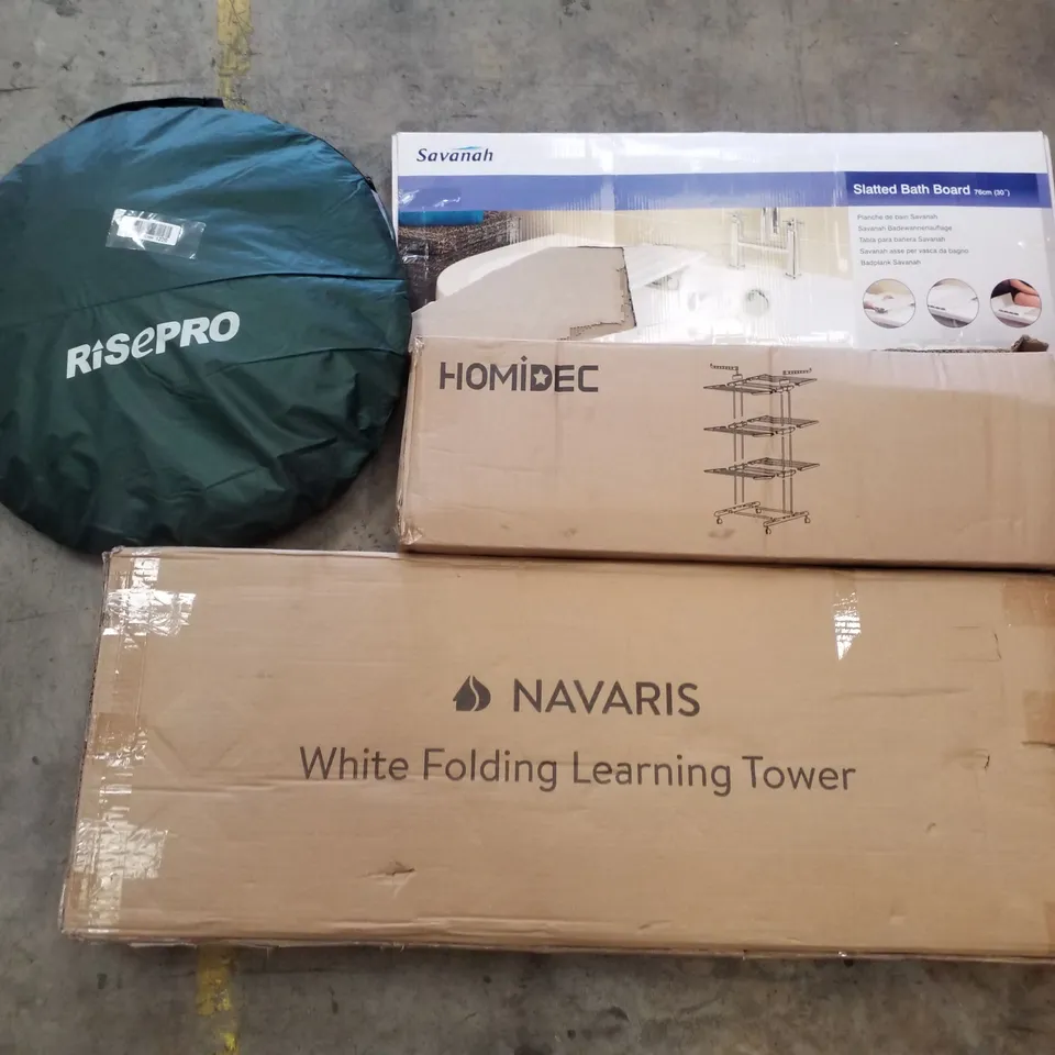 PALLET CONTAINING ASSORTED PRODUCTS INCLUDING POP UP TENT, SLATTED BATH BOARD, CLOTHES AIRER & WHITE FOLDING LEARNING TOWER