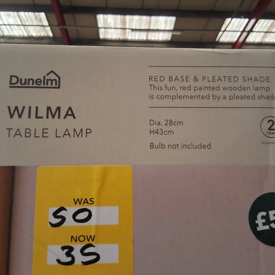 BOXED DUNELM WILMA TABLE LAMP – RED BASE WITH PLEATED SHADE