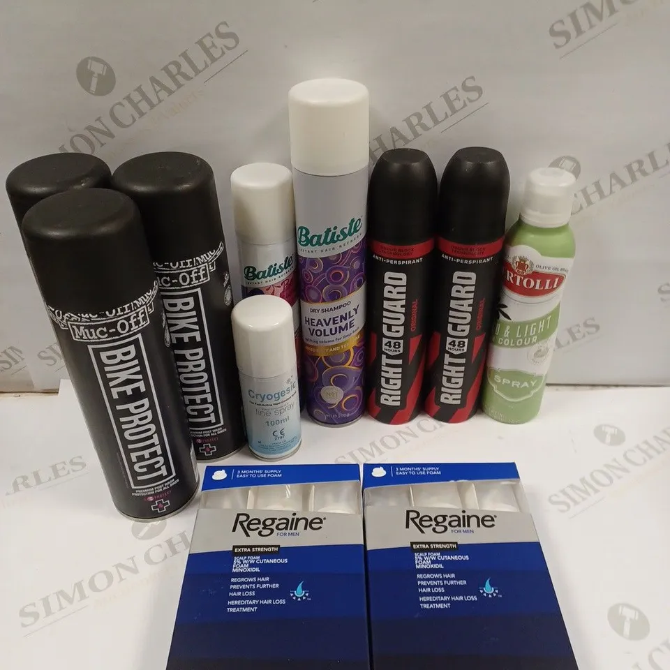 BOX OF APPROXIMATELY 10 ASSORTED AEROSOL PRODUCTS TO INCLUDE MUC-OFF PROTECTOR, REGAINE FOR MEN, RIGHT GUARD ANTI-PERSPIRANT ETC - COLLECTION ONLY 