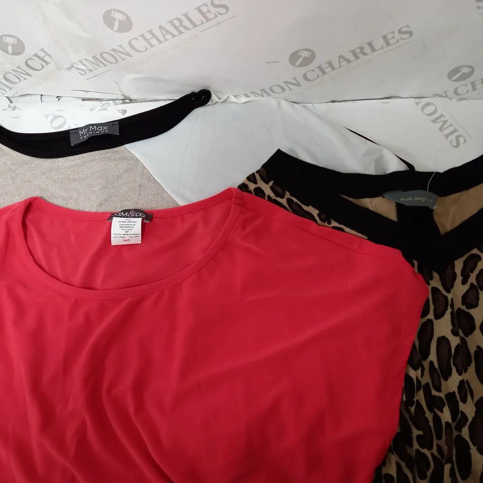 BOX OF APPROXIMATELY 20 ASSORTED ITEMS OF CLOTHING TO INCLUDE KIM & CO., MR. MAX, RUTH LANGSFORD, ETC