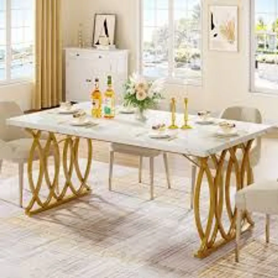 BOXED TRIBESIGN 63" W LARGE COMPUTER DESK, WHITE AND GOLD