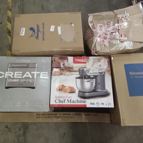 PALLET OF ASSORTED ITEMS INCLUDING NEWENTOR MATTRESS TOPPER, ELEGANT LIFE CHEF MACHINE, SPRING LOADED TENSION ROD, IMISSYOU MATTRESS TOPPER, IKOHS BREAD MAKER