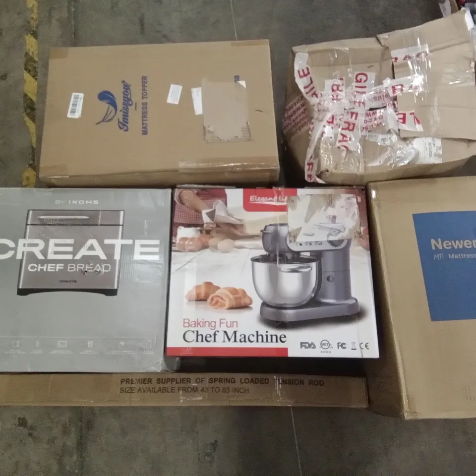 PALLET OF ASSORTED ITEMS INCLUDING NEWENTOR MATTRESS TOPPER, ELEGANT LIFE CHEF MACHINE, SPRING LOADED TENSION ROD, IMISSYOU MATTRESS TOPPER, IKOHS BREAD MAKER