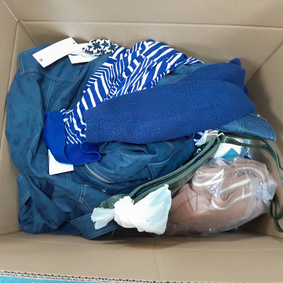 APPROXIMATELY 10 ASSORTED CLOTHING ITEMS TO INCLUDE JACKETS, BAGS, TOPS, ETC