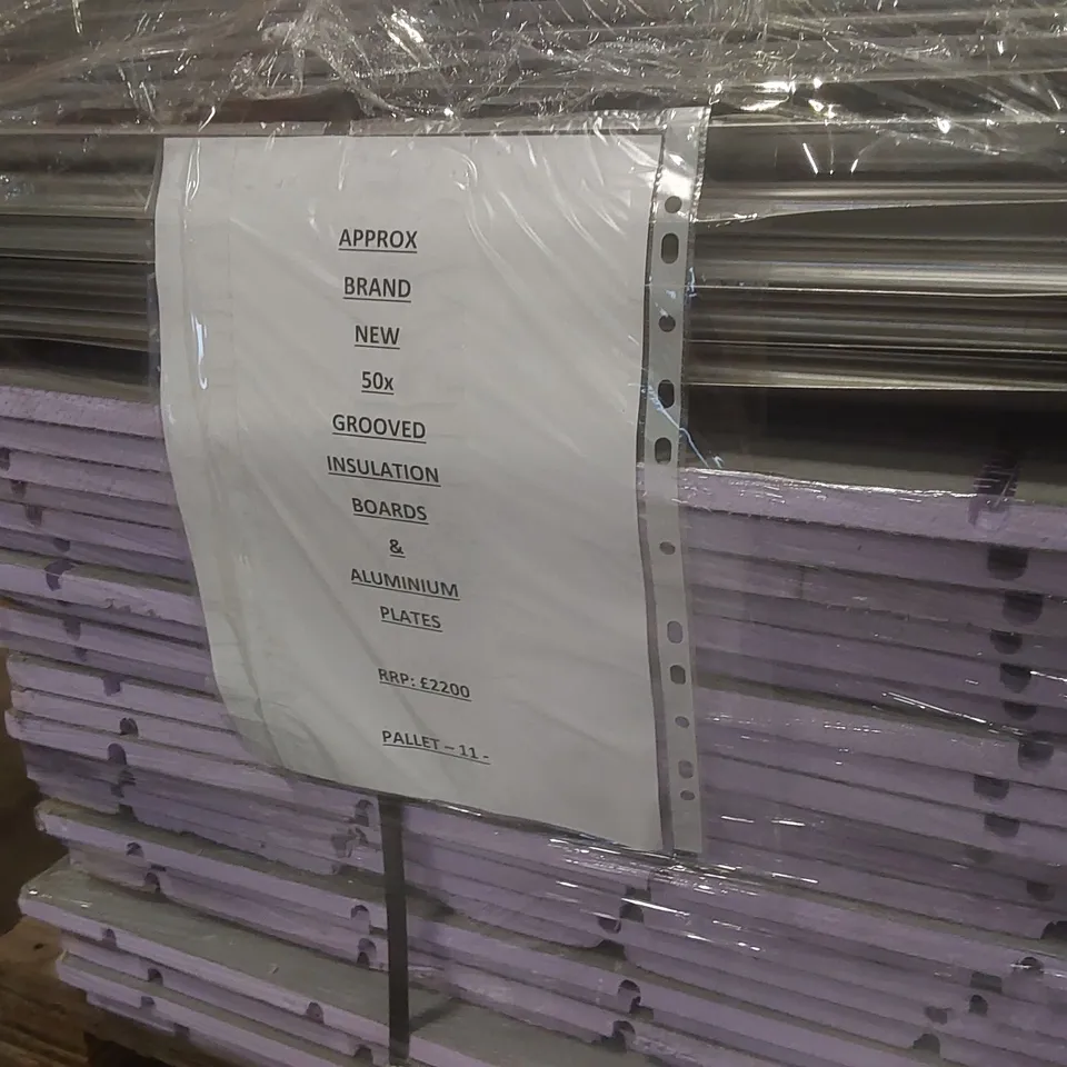 PALLET CONTAINING APPROXIMATELY 254x DESIGNER BRICK TILES, 50x GROOVED INSULATION BOARDS & ALUMINIUM PLATES
