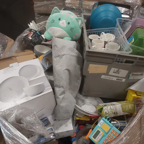 PALLET CONTAINING A VERY LARGE QUANTITY OF ASSORTED ITEMS INCLUDING VARIOUS CHILDREN'S TOYS, DINNERWARE, FAN, CUSHION ECT