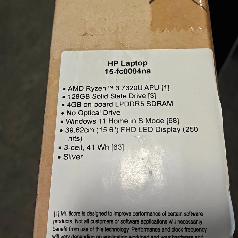 BOXED HP RYZEN3 128GB SSD LAPTOP IN SILVER - 15-FC0004NA