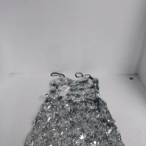 NADINE MERABI DRESS – UK 14 (US 10, EU 42) WITH SILVER PETAL EMBELLISHMENT