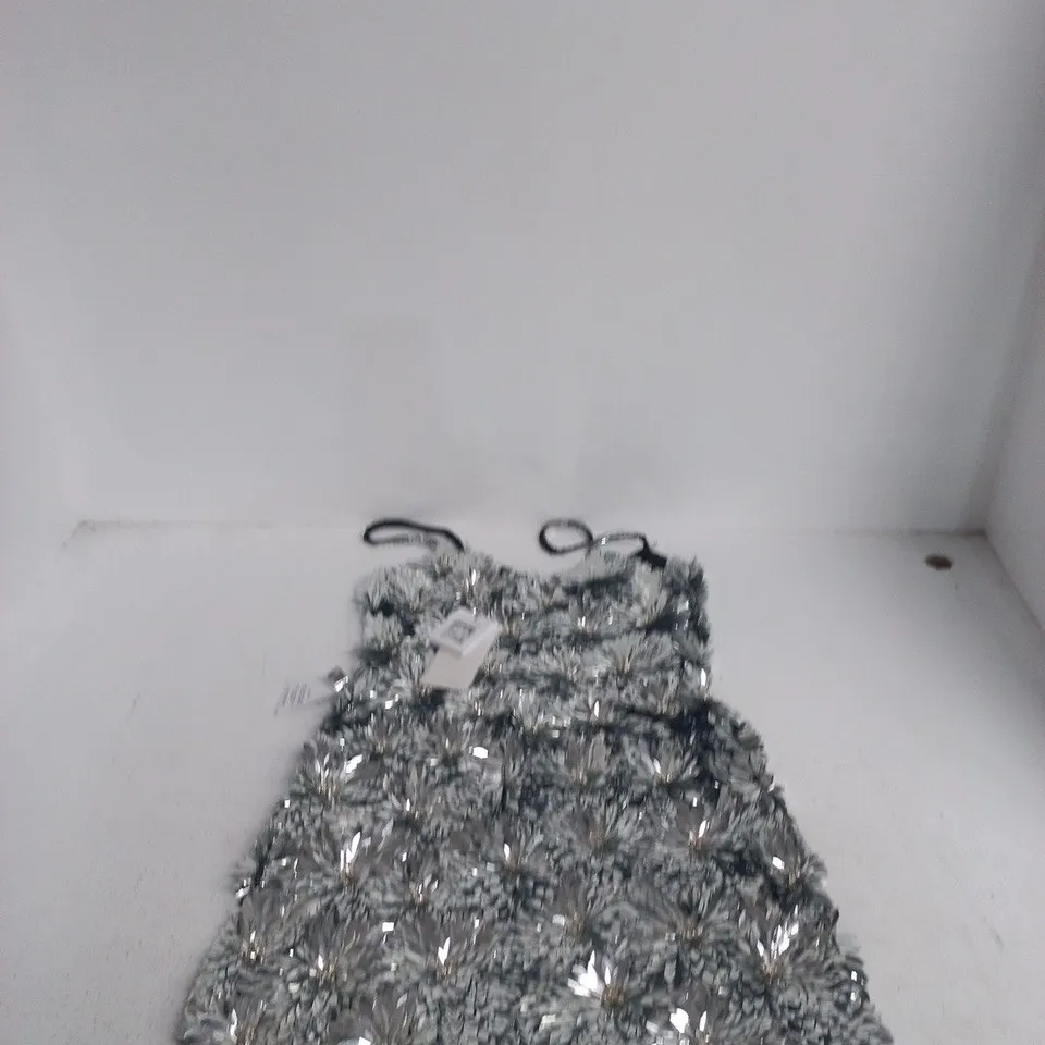 NADINE MERABI DRESS – UK 14 (US 10, EU 42) WITH SILVER PETAL EMBELLISHMENT
