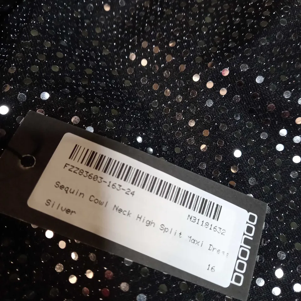 BOOHOO SILVER SEQUIN COWL NECK HIGH  SPLIT MAXI DRESS - SIZE 16