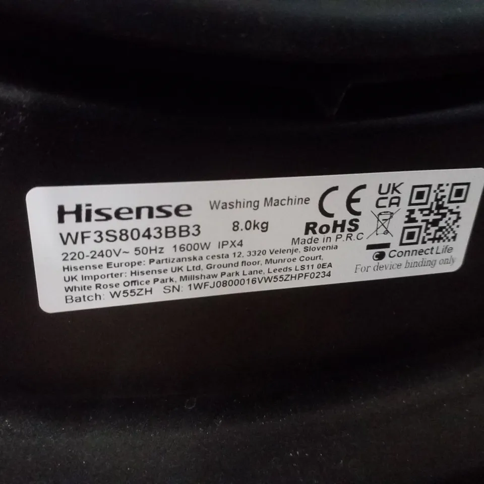 HISENSE WF3S8043BB3 WASHING MACHINE, 8KG, 1400 SPIN, BLACK, A RATED