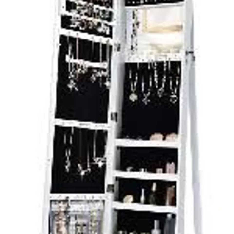 BOXED COSTWAY MIRRORED JEWELRY CABINET LOCKABLE STANDING STORAGE ORGANIZER IN WHITE (1 BOX)