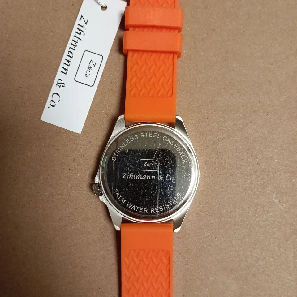 BOXED ZIHLMANN & CO. STAINLESS STEEL WATCH WITH ORANGE SILICONE STRAP