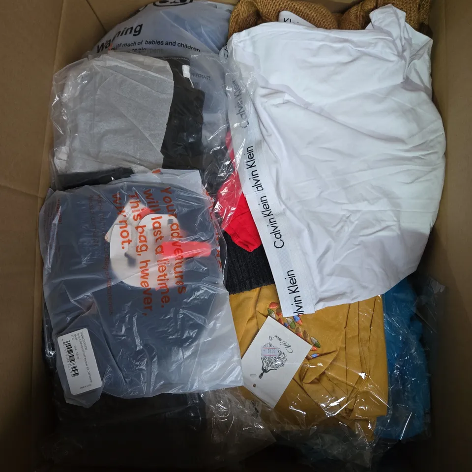 LARGE BOX OF ASSORTED CLOTHING ITEMS IN VARIOUS SIZES, STYLES AND COLOUR 