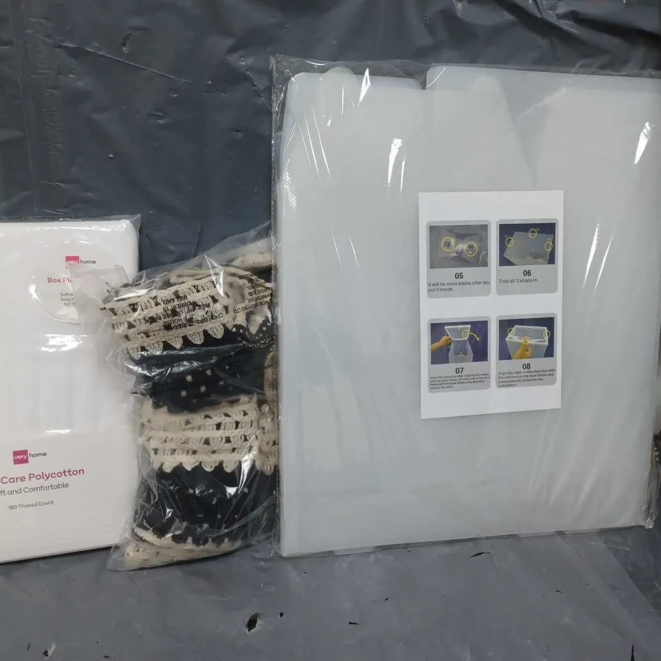 APROXIMATELY 6 ASSORTED HOUSEHOLD ITEMS TO INCLUDE SHOE BOX, PLEAT VALANCE, CROCHET TROUSERS, ETC