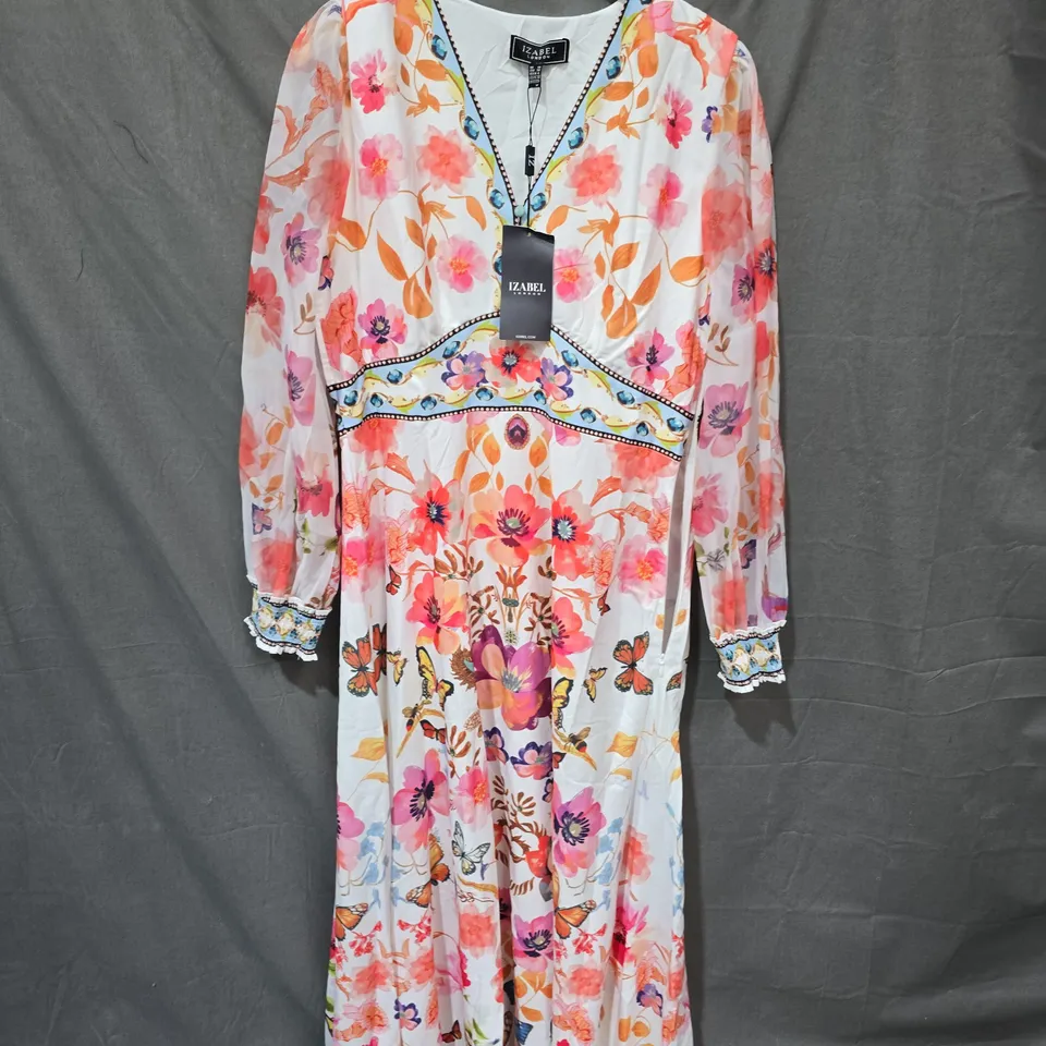 IZABEL LONDON FLORAL V-NECK EMPIRE KIMONO MAXI DRESS – UK 10, MULTI PINK