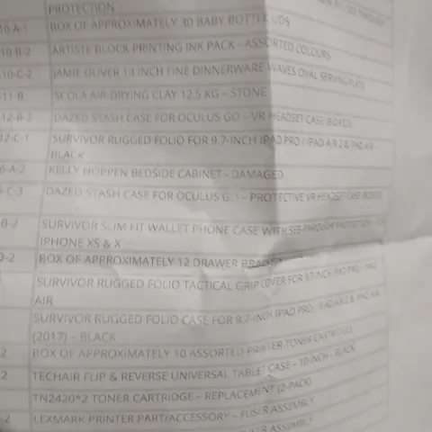 CAGE OF APPROXIMATELY 25 ASSORTED PRODUCTS TO INCLUDE; BABY BOTTLE LIDS, KELLY HOPPEN BEDSIDE CABINET, DAZED STASH CASE FOR OCULUS, TECHAIR FLIP TABLET CASE AND LESLIES CUBE TIN