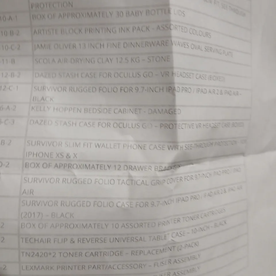 CAGE OF APPROXIMATELY 25 ASSORTED PRODUCTS TO INCLUDE; BABY BOTTLE LIDS, KELLY HOPPEN BEDSIDE CABINET, DAZED STASH CASE FOR OCULUS, TECHAIR FLIP TABLET CASE AND LESLIES CUBE TIN