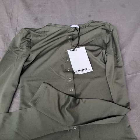BERSHKA WOMEN'S OLIVE GREEN BUTTON-FRONT TOP, XS