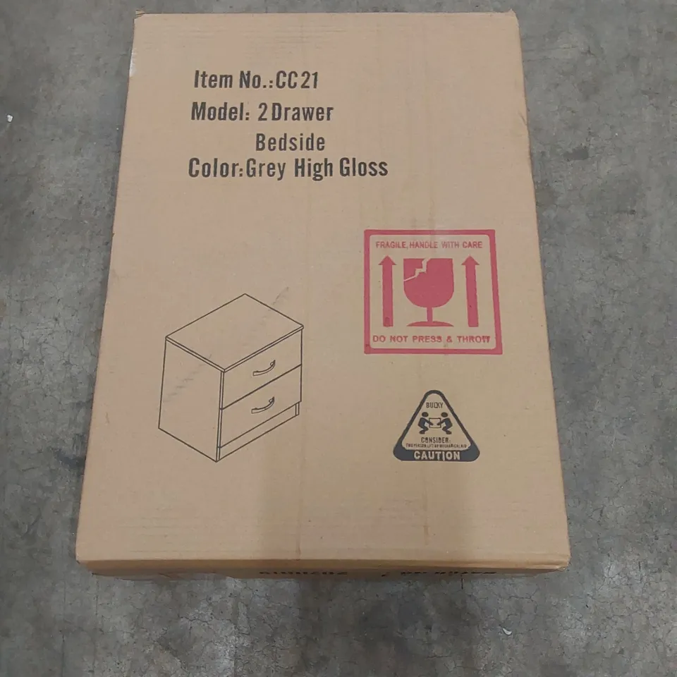 BRAND NEW BOXED DESIGNER 2-DRAWER BEDSIDE TABLE IN GREY HIGH GLOSS - CC21 (1 BOX)