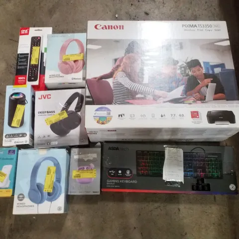 PALLET CONTAINING ASSORTED ELECTRICAL PRODUCTS INCLUDING CANON PIXMA TS3350 PRINTER, GAMING KEYBOARD, WIRELESS HEADPHONES, BLUETOOTH SPEAKER, UNIVERSAL REMOTE & WI-FI EXTENDER 