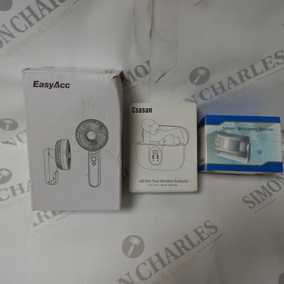 APPROXIMATELY 10 ASSORTED ITEMS TO INCLUDE FOLDING FAN. WIRELESS EARBUDS, SMART WELCOME SENSOR ETC.