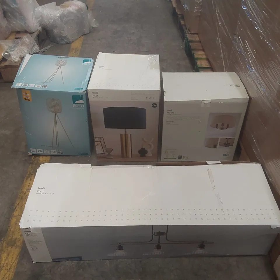 PALLET CONTAINING A VERY LARGE QUANTITY OF ASSORTED DESIGNER LIGHTING PRODUCTS INCLUDING: PRESTON CEILING LIGHT, COLT BAR LIGHT, NESA TOUCH TABLE LIGHT ECT