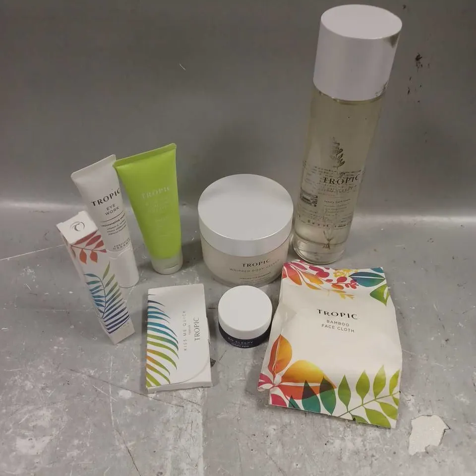 TROPIC SKINCARE LOT OF 8 ASSORTED COSMETIC PRODUCTS TO INCLUDE - SO SLEEPY TEMPLE BALM - WHIPPED BODY VELVET - EYE WORK REJUVENATING SERUM - ETC