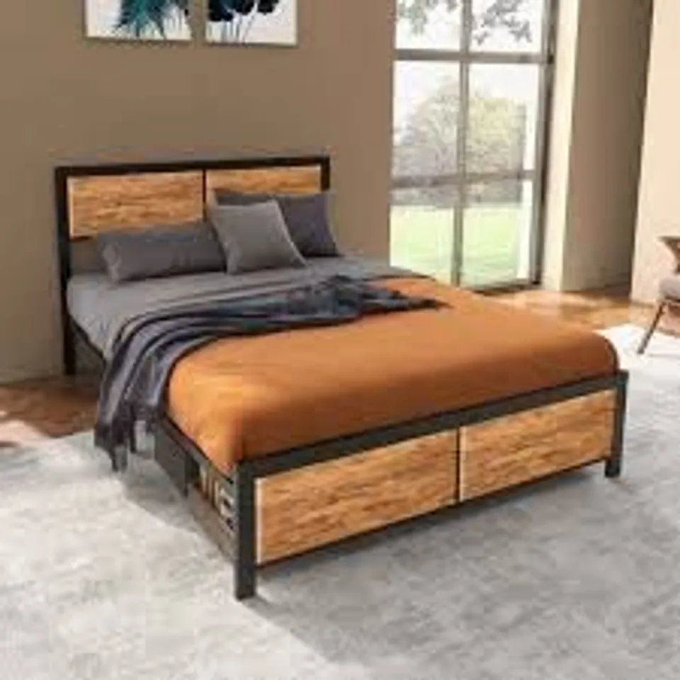 HOMCOM INDUSTRIAL BED FRAME, 5ft STEEL BED BASE WITH HEADBOARD AND FOOTBOARD//SIZE: DOUBLE - RUSTIC BROWN/BLACK (1 BOX)