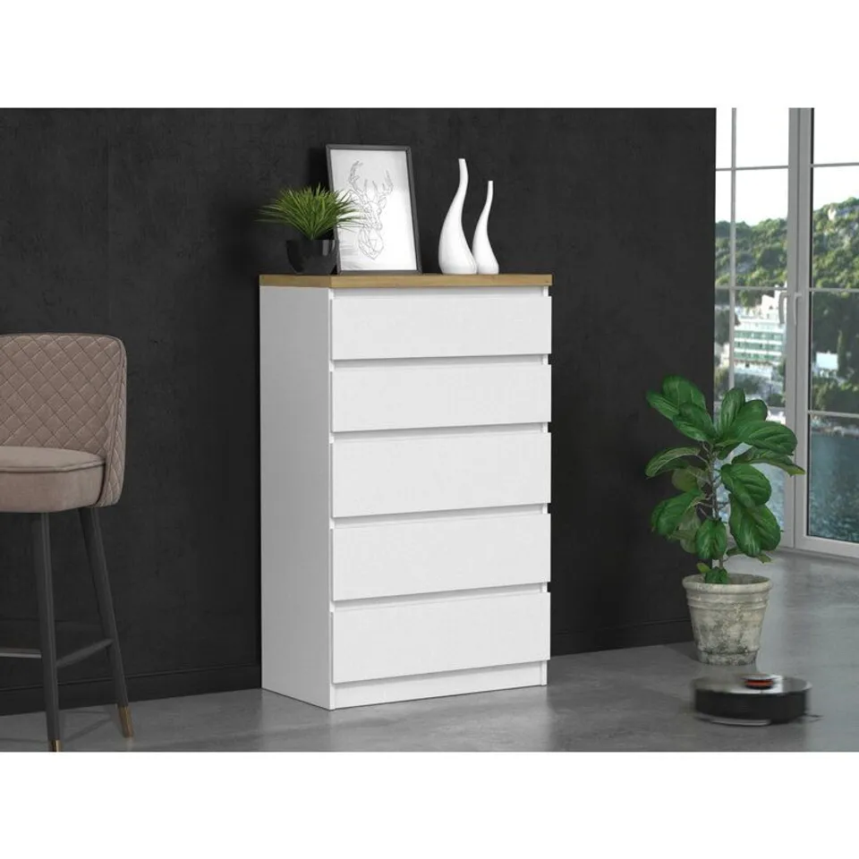 BOXED TONYA 5 DRAWER CHEST-ARTISAN OAK & WHITE