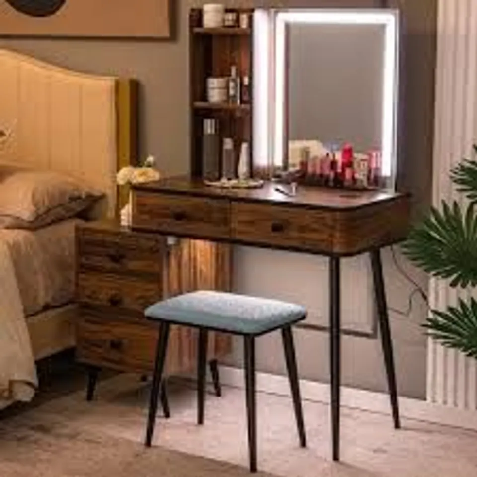 BOXED COSTWAY BROWN VANITY DRESSING TABLE SET WITH LED MIRROR AND CHARGING STATION