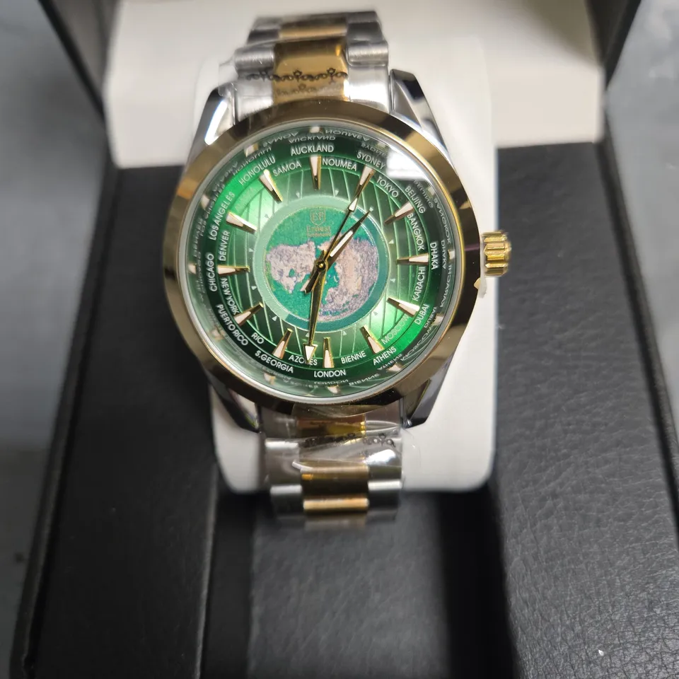 ERNEST FERDINAND TWO-TONE STAINLESS STEEL WRISTWATCH WITH GREEN WORLD-TIME DIAL