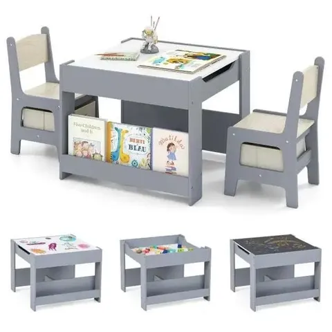 BOXED 4 IN 1 KIDS TABLE AND CHAIRS SET WITH REVERSIBLE TABLETOP AND BOOKSHELVES