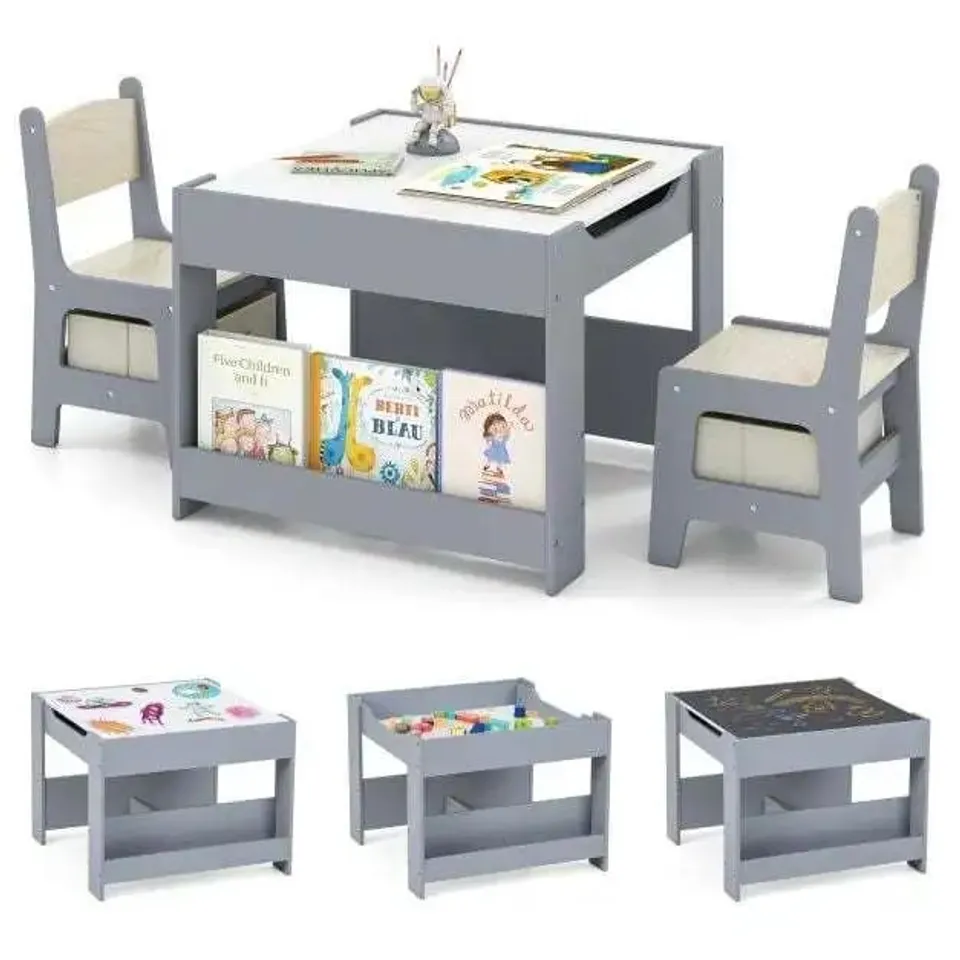 BOXED 4 IN 1 KIDS TABLE AND CHAIRS SET WITH REVERSIBLE TABLETOP AND BOOKSHELVES