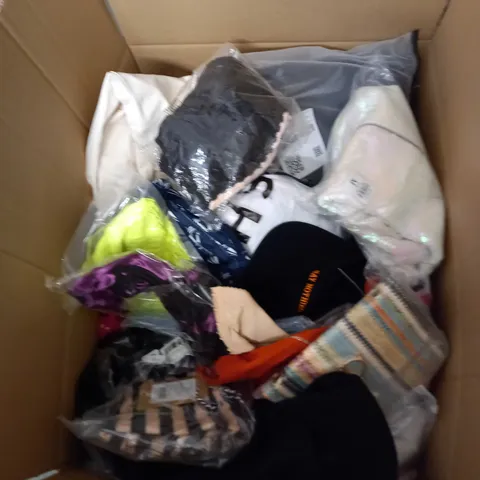 BOX OF ASSORTED CLOTHING ITEMS TOO INCLUDE DRESSES , SHIRTS AND TROUSERS IN VARIOUS SIZES AND COLOURS