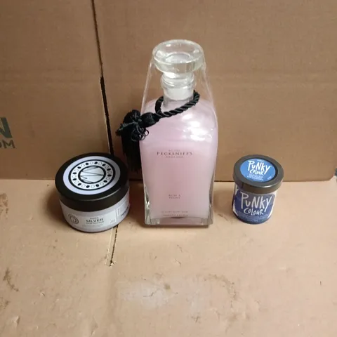 APPROXIMATEY 20 ASSORTED HEALTH AND BEAUTY PRODUCTS TO INCLUDE PECKSNIFFSLUXURY BATH SOAK, PUNKY COLOUR SEMI PERMANENT HAIR COLOUR, SHEER SILVER HAIR MASQUE ETC 