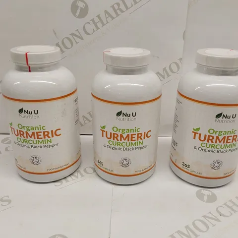 APPROXIMATELY 3 BOTTLES OF NU U ORGANIC TUMERIC CURCUMIN & ORGANIC BLACK PEPPER NUTRITION VEGAN CAPSULES - 365 CAPSULES PER BOTTLE // BEST BEFORE: 07/26