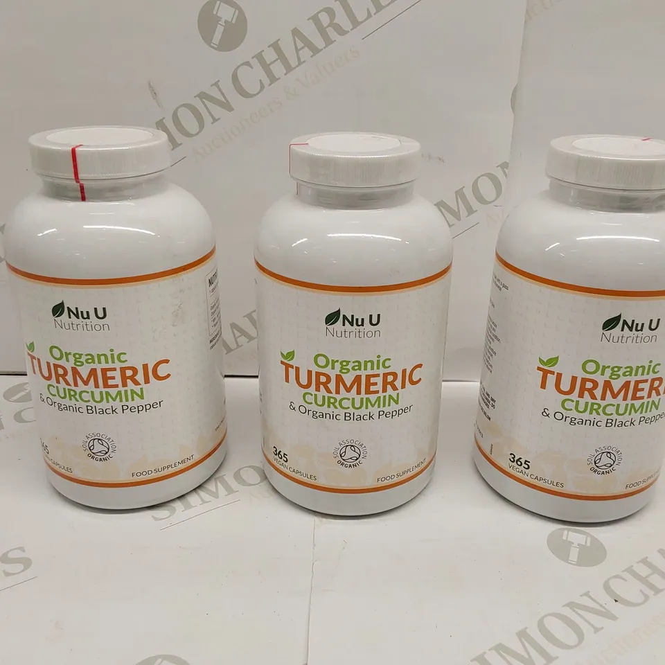 APPROXIMATELY 3 BOTTLES OF NU U ORGANIC TUMERIC CURCUMIN & ORGANIC BLACK PEPPER NUTRITION VEGAN CAPSULES - 365 CAPSULES PER BOTTLE // BEST BEFORE: 07/26