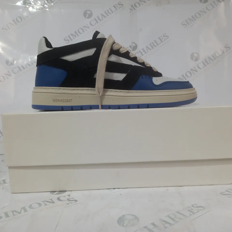 BOXED PAIR OF REPRESENT SHOES IN BLACK/WHITE/BLUE EU SIZE 40