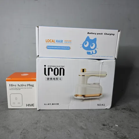 APPROXIMATELY 8 ASSORTED ITEMS TO INCLUDE - PORTABLE IRON , LOCAL HAIR SHAVER FOR PETS , HIVE ACTIVE PLUG ETC