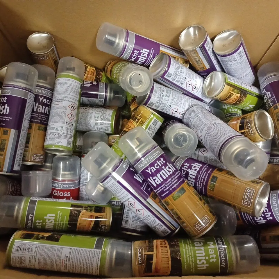 LARGE BOX OF ASSORTED CLEAR VARNISH PAINT 