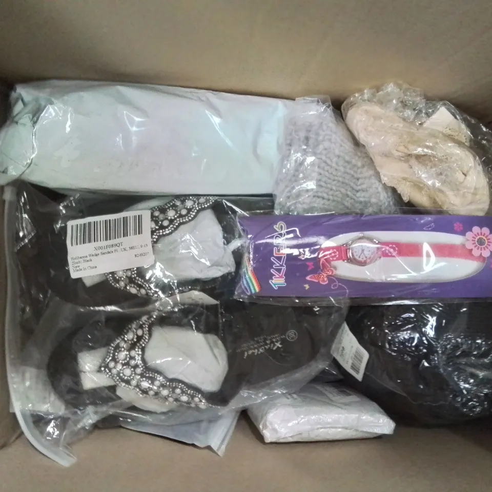 BOX CONTAINING MIXED FASHION ITEMS, CLOTHING, SILVER PLATE AND COSTUME JEWELLERY ETC